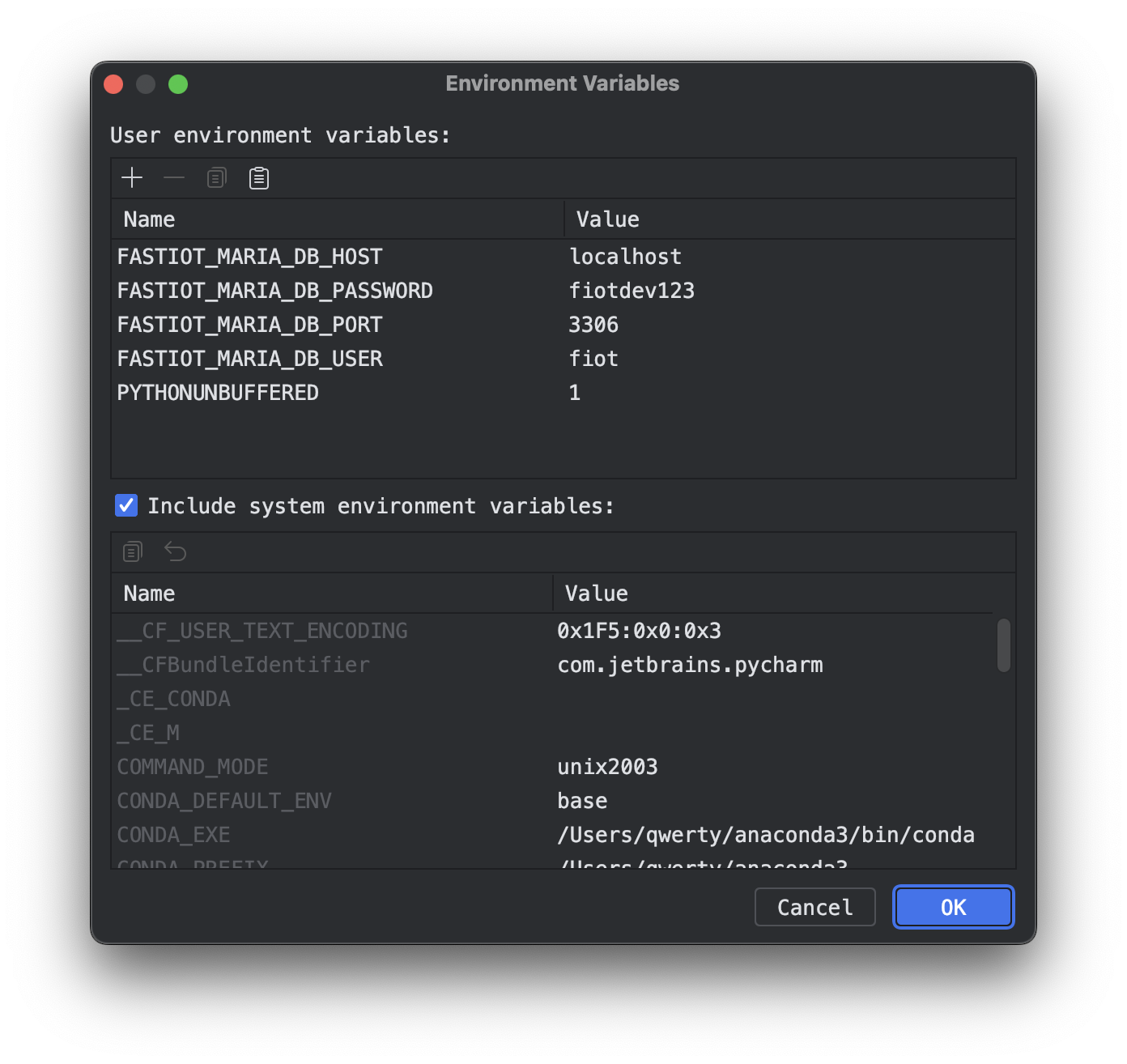Maria example env config